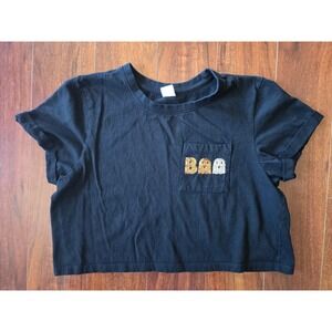 La Luna Black Halloween Boo Ghost Sequin Pocket Crop Top Shirt Womens Medium